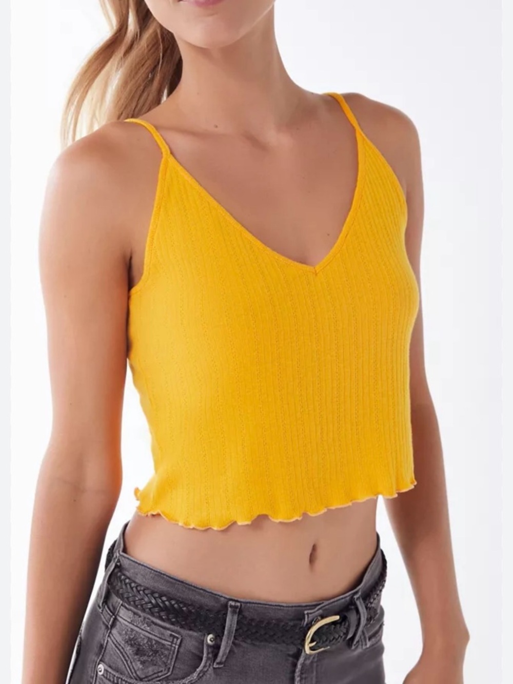 Yellow Ribbed V-Neck Cami Crop Top - Women's